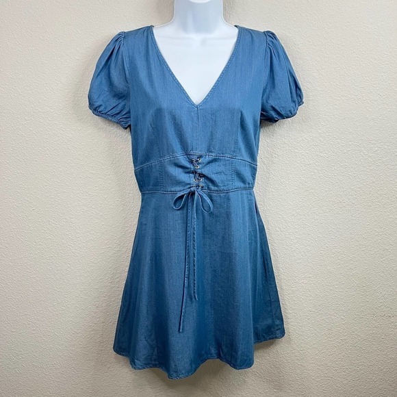 New Day to Day Blu Pepper Chambray Dress Women's S Lace Front Denim Mini Flaw - Picture 2 of 7